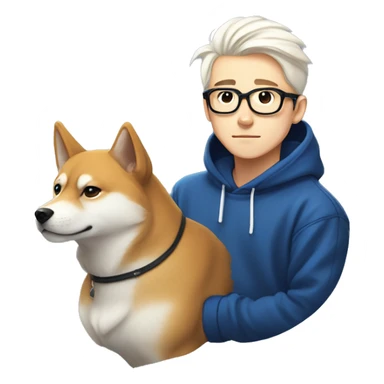 A young guy long white hair pulled back into a ponytail and white skin and black-framed glasses and nose piercing wearing blue hoodie with Shiba Inu dog next to him sticker