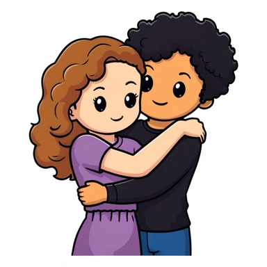 girl with long light brown hair and pale skin hugging a boy with short black curly hair and tanned skin sticker