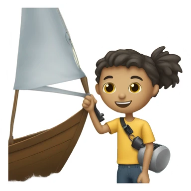boy using hair dryer to dry sail of boat sticker