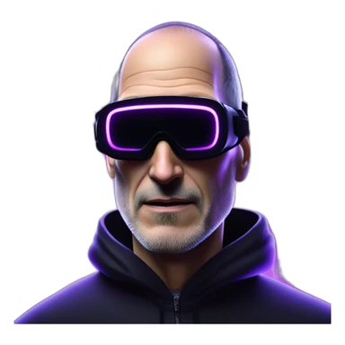 Steve Jobs wearing a black hoodie with "OMG" letters on it and VR headset in a cyberpunk VR environment with violet neon lighting. sticker