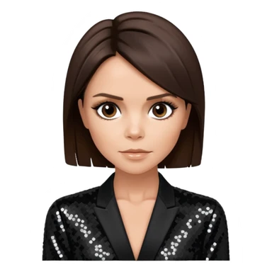 Victoria Beckham from Spice Girls with medium dark brown hair, black sequin outfit sticker