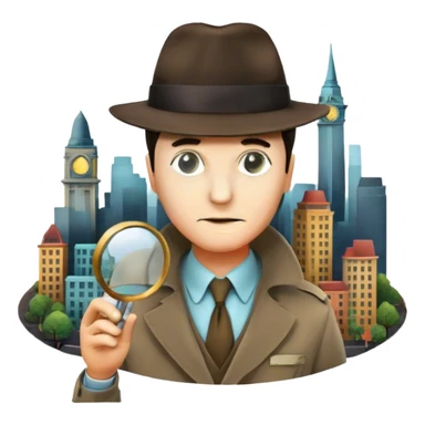 Icon for Detective Movies: A colorful collage featuring iconic detective elements—magnifying glass, a fedora hat, a cigarette, a shadowy figure, and a mysterious city backdrop. Include subtle clues like fingerprints or a crime scene. Retro movie poster style. Transparent background. sticker