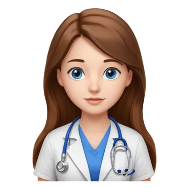 inside a classroom at university, a pretty female nursing student with long brown hair, blue eyes sticker