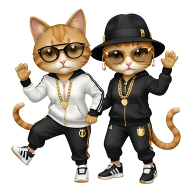 female cat dressed like Run DMC in tracksuit, fedora, Adidas shoes, lots of gold chains, rings, bracelets, earrings, dancing with a friend, no sunglasses sticker