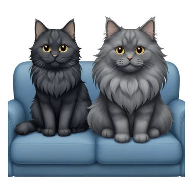 A large black smoke Maine Coon cat with long grey ear tufts and a fluffy grey ruff, sitting next to a chubby British Shorthair cat in blue color with plush fur, both sitting comfortably on a sofa. Beautiful room background with flowers and soft lighting. Transparent background. sticker