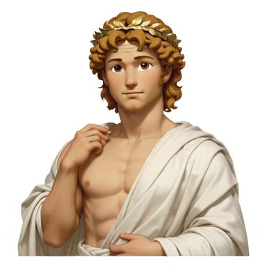 Cinematic Realistic Hercules Portrait, head tilted playfully and inquisitively, showcasing a blend of legendary power and youthful charm with the refined features of Michelangelo's David. His light tan, sculpted skin and thick, curly, golden brown hair—styled with wild majesty—evoke the spirit of the lion-wrestling Hercules. Clad in a softly draped white robe with subtle golden details and adorned with a Greek laurel wreath, his expressive eyes and warm smile capture an approachable yet formidable hero, bathed in gentle natural lighting. sticker