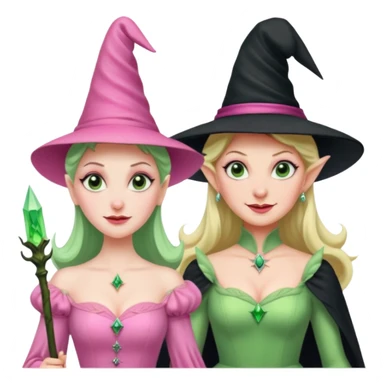 make an emoji of the green wicked witch standind behind the good witch Glinda and being overly protective looking angry and glinda looking happy sticker