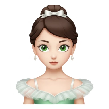 Realistic Ballerina Portrait, with porcelain-like skin featuring a natural rosy flush, illuminated by soft lighting that highlights the gentle contours of her face. Her Brunette hair flows in soft.Her deep green light eyes radiate framed by arched brows and long lashes. sticker
