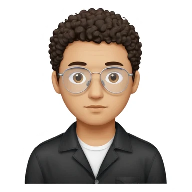 Man with small face and prominent forehead, teardrop-shaped aviator glasses, totally shaved sides with very minimal dark curly hair only on top, light brown complexion, gentle expression, black button-up shirt sticker