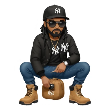 African American man with shoulder length black dreadlocks with black beard wearing black sunglasses wearing a black New York Yankees logo baseball cap wearing a black bubble winter coat wearing denim skinny jeans and timberland boots bending down tying up his shoes sticker