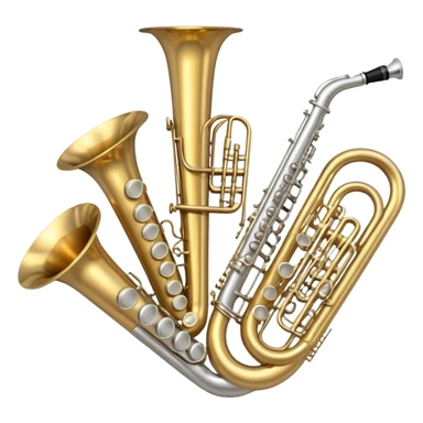 Create a professional, harmonious emoji collage symbolizing wind instruments.  The instruments should be in metallic gold, silver, and brass tones, with subtle reflections to convey a professional and polished appearance. Add soft musical notes or soundwaves to surround the instruments, creating a sense of movement and sound. The background should be transparent, ensuring all instruments are the focus and the composition remains harmonious and balanced. sticker