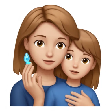 A girl holding an boys ear sticker