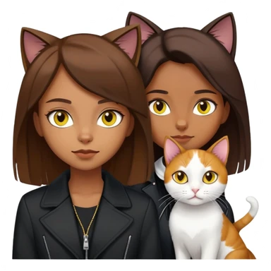 A brown straight-haired girl wearing black jacket with a white cat with yellow eyes and a calico cat sticker