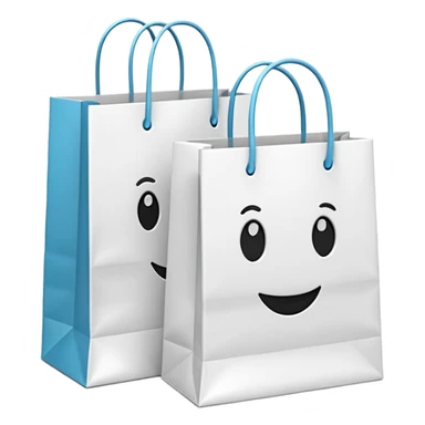 A 3D emoji of two white paper shopping bags, one large and one small, standing next to each other. Soft studio lighting, smooth 3D rendering, claymorphism style, minimalist design, cute, high resolution, isolated on a white background. sticker