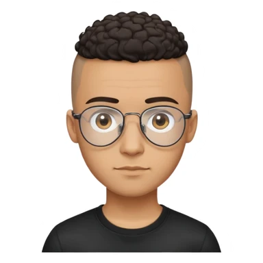 Young Latino man with small oval face and big forehead, clear lens aviator-style eyeglasses with metal frames, completely bald/shaved sides with very short curly dark hair only on top of head, neutral-friendly expression, brown skin, wearing a black t-shirt sticker