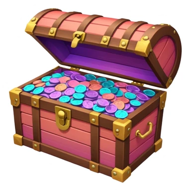 wooden brown treasure chest filled with  coins 
Change coins color in in gradient of turquoise, blue, pink, purple, and coral sticker