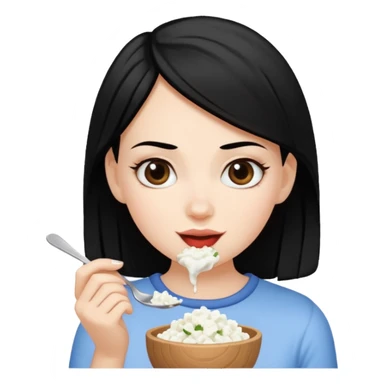 A white girl with black hair eating cottage cheese sticker