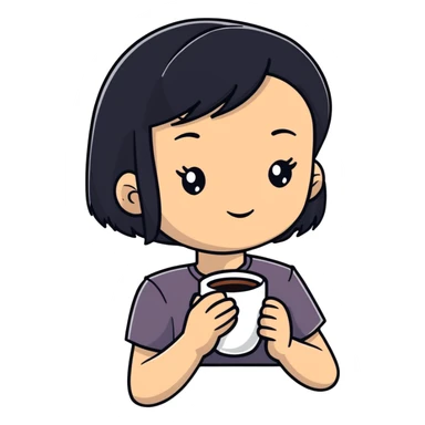 White girl with black hair with a cup of coffee sticker