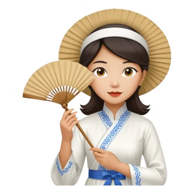 a vietnamese woman wearing a white ao dai holding a folding fan elegantly, wearing a nón lá sticker