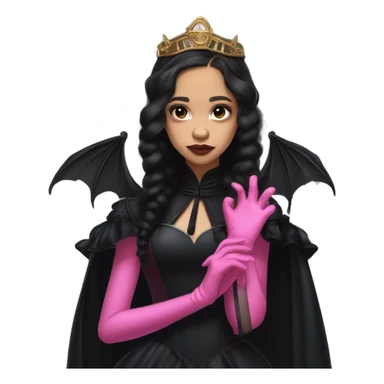 standing flirty Lavish black evening gown with see-through gloves, Jenna Ortega as Addams woman wearing a steampunk mini tiara, very large blood pink evil-looking horned old dragon sticker