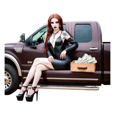 Lilith model red eye seductress evil long brown haired sexy succubus woman with leather long dress with slit, sitting in Big Large F350 pickup truck. Black Platform high heels on feet. Tattoo sleeve arms, seat full of stacks of cash, and a man dead human skull of her enemies and a gun in other hand sticker