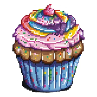 large cupcake with pink frosting covered in rainbow sprinkles in pixel art style sticker