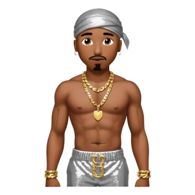 Tupac with silver sequin harem pants, shirtless with necklace sticker