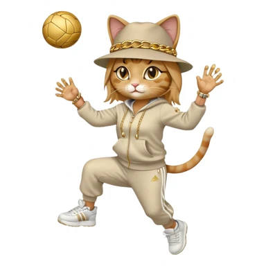 female cat dressed like Run DMC in tracksuit, fedora, Adidas shoes, lots of gold chains, rings, bracelets, earrings, catching a ball high in the air, no sunglasses sticker