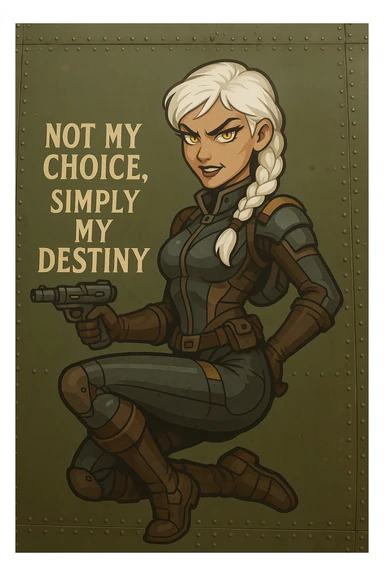 a retro military pinup fuselage decoration for the motto " not my choice, simply my destiny "
; female figure young and gorgeous, white hair 1 braid, gold yellow eyes, spacer, fierce, exo-rogue, menacing yet taunting sticker