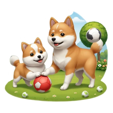 2 dogs, a ginger shiba inu and a small white dog breed coton de tulear, playing with a ball in a sunny garden sticker