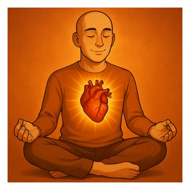 Person is meditating and his heart is glowing and shining, general style, with a real organ heart form, vibrant colors sticker