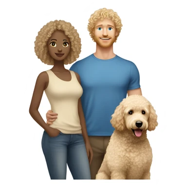 Biracial male with curly short Afro holding a beige golden doodle standing next to a Caucasian blonde hair lady with blue eyes  sticker