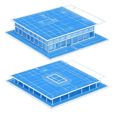 blue blueprint plan with white lines, perspective view showing both side and top sticker