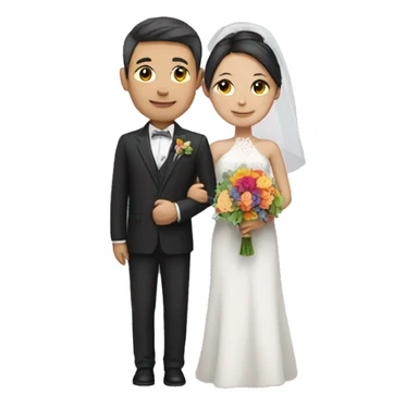A loving white skin asian wedding couple with a multicolored bouquet  sticker