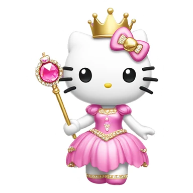 Hello Kitty wearing a pink princess dress with a gold magic wand in her hand and a gold tiara on her head with pink stones sticker