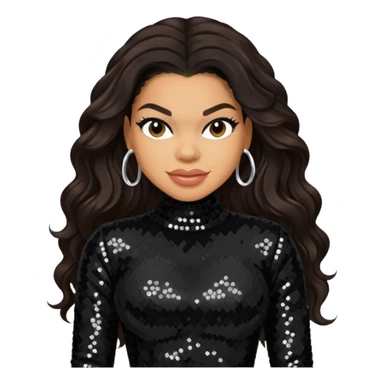Jordin Sparks with long dark brown hair, black sequin outfit sticker