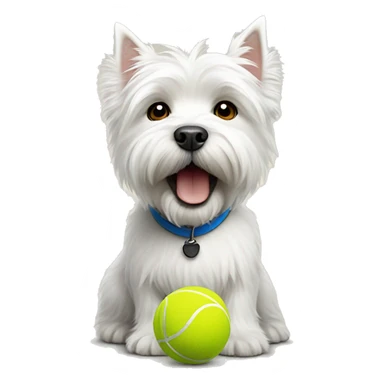 White highland terrier holding a tennis ball sticker