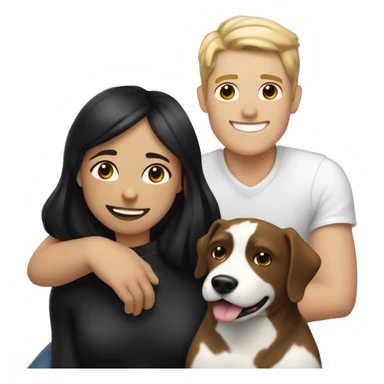 girl with white skin and black hair sitting next to tan guy with black hair smiling with a black and white dog and a brown dog  sticker