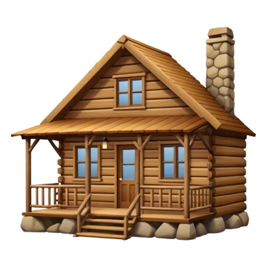 A rustic wooden cabin with horizontal log-style siding and a small front porch enclosed by crossed wooden railings. The cabin has a simple rectangular shape, a sloped roof, and warm brown wood tones throughout. sticker