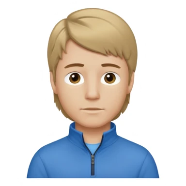 boy with dark blonde hair in a mullet with a neat blue shirt and quarter zip sticker