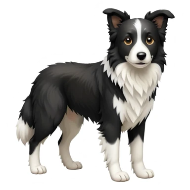 cinematic-[border collie dog]-realistic-full-body-sitting-emoji,-tail-resting-loosely-beside-its-paws,-head-tilted-dramatically,-scruffy-[black and white]-fur,-simplified-yet-realistic-focused-features,-highly-detailed,-glowing-with-an-almost-sarcastic-glow sticker