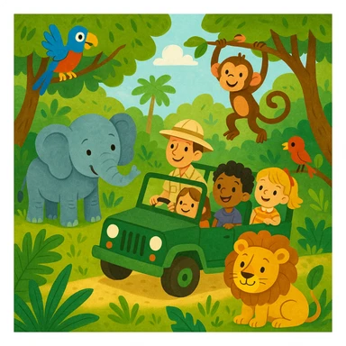 digital illustration of jungle safari in the style of children's story book sticker