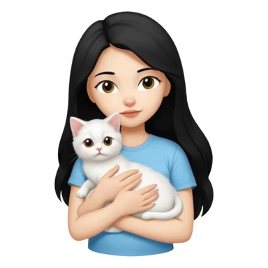 a girl with long dark black hair, in a white t-shirt, hugs a persian kitten 3 months old black and white one cat. emoji | AI Emoji Generator sticker
