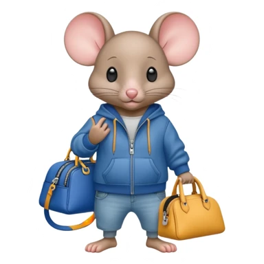 A fashionable mouse in wide jeans and a zip hoodie with a Balenciaga bag sticker