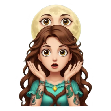 shocked forest mystic woman long wavy brown hair tattoos wide eyes moon glow sticker