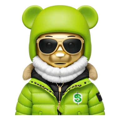 authentic cubic bearbrick figure with block head, wearing lime green balaclava with integrated black visor lens at eye area, oversized Supreme logo puffer jacket with large fur collar and fur trim, gold chains sticker