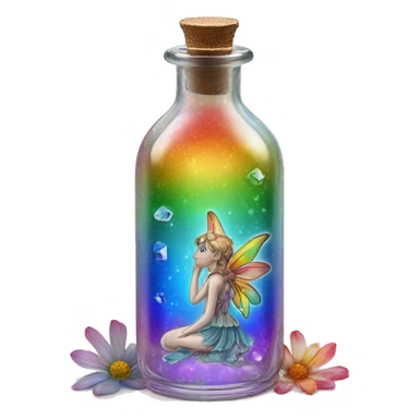 Antique oil bottle made of crystal glass of all delicate colors of the rainbow, a living flower fairy sits at the bottom of the bottle sticker