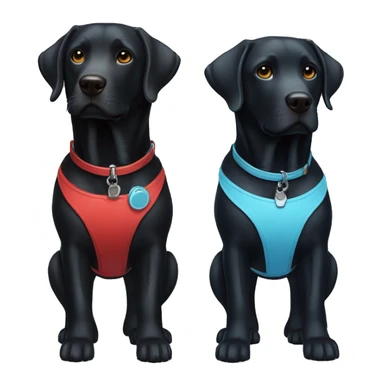 black-coloured labrador on the left with red collar, black-coloured labrador on the right with light blue collar. sticker