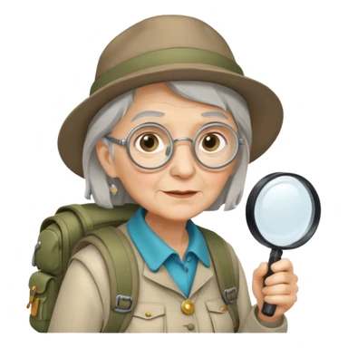 Explorer old woman with magnifying glass and backpack sticker