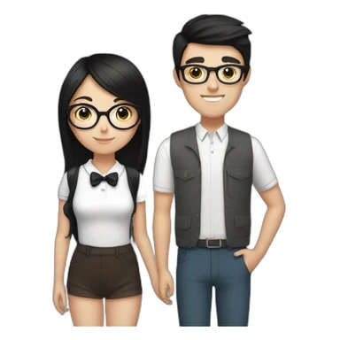 white girl with straight black hair and glasses with brunette boy with a bow and a black and white cat sticker